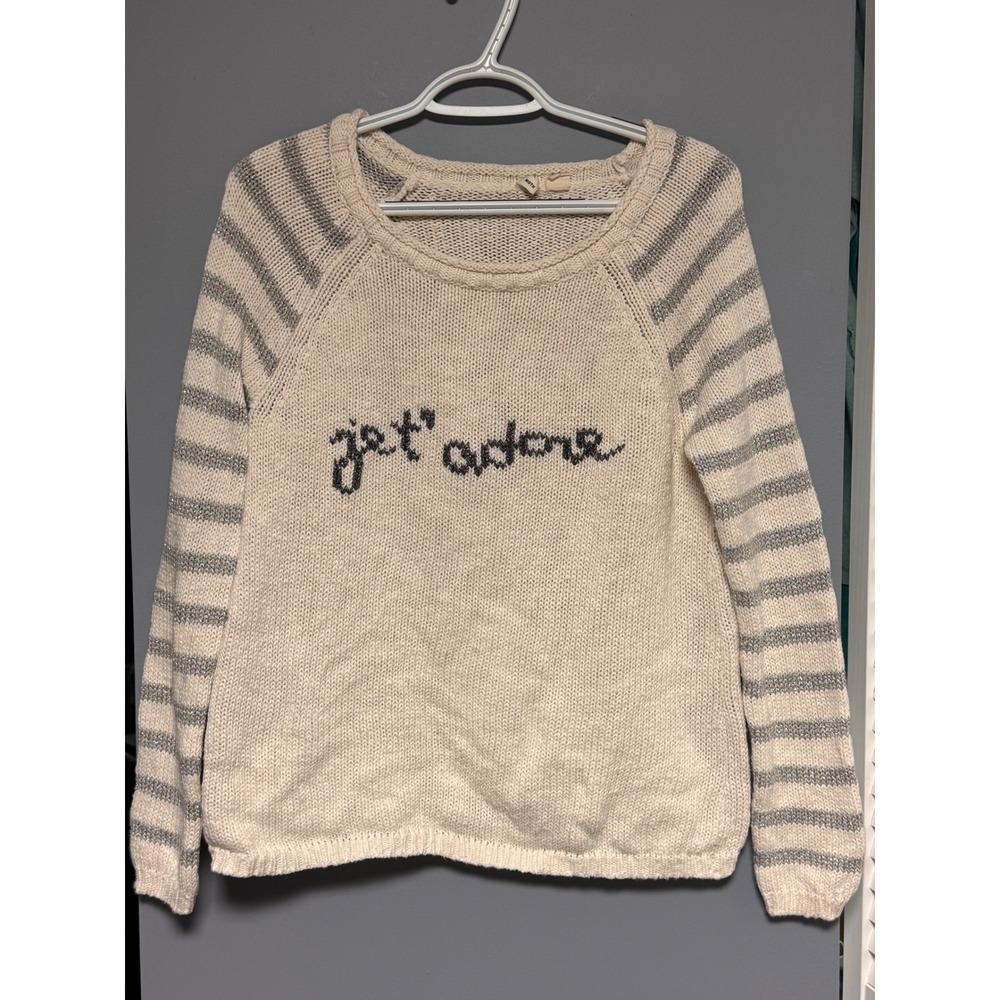 Moth Anthropologie Je T'adore Metallic Striped Sweater Cream Silver Medium